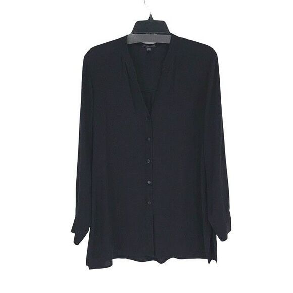 Eileen Fisher Womens Silk‎ Button Front Long Sleeve Blouse Black Size Small - Picture 1 of 9